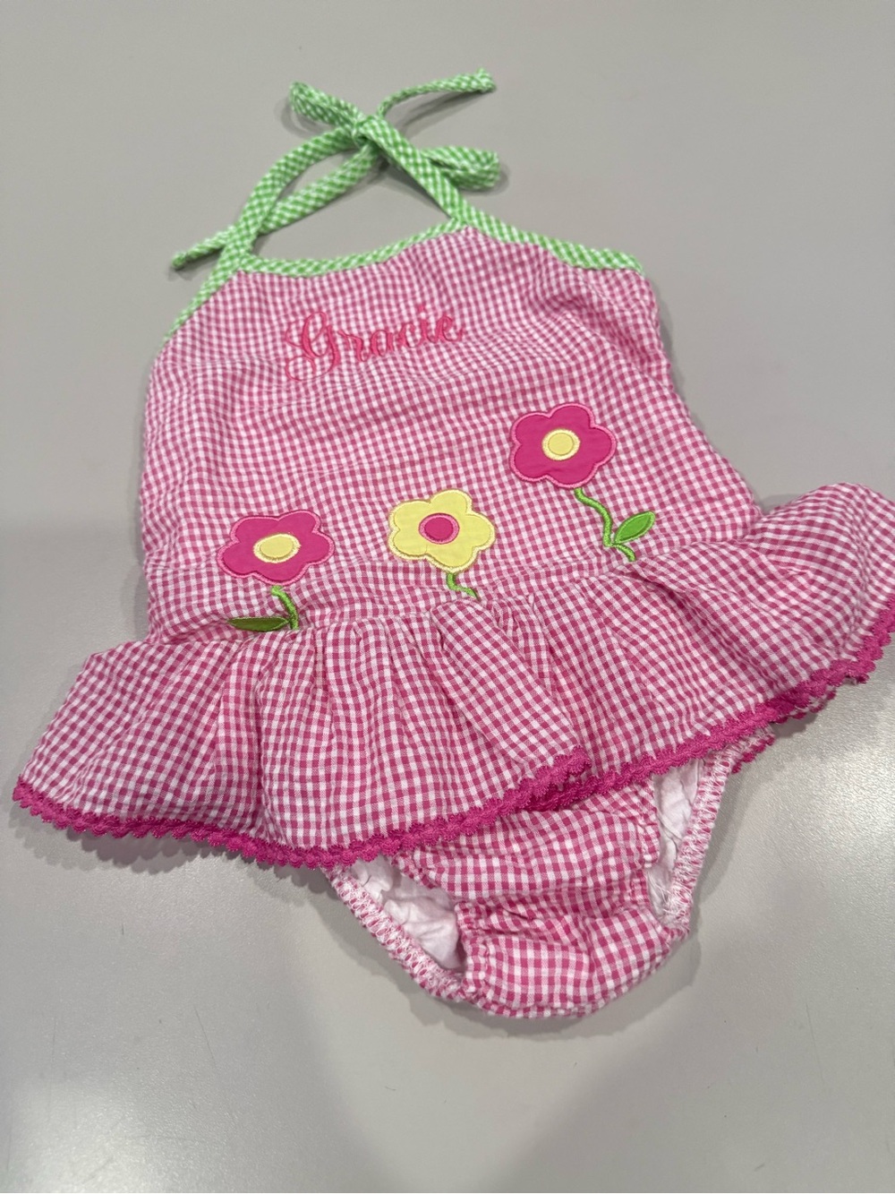 Pink Gingham Floral Girls' Halter Swimsuit 2T like new Embroidery on fron Gracie